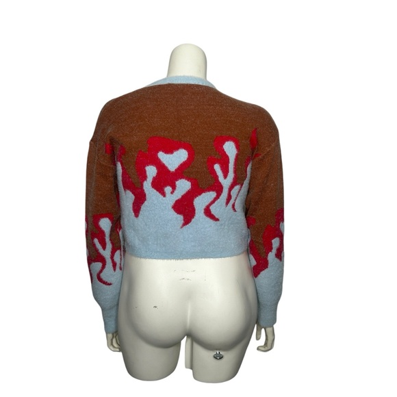 Adele B. Women's Flame Crop Sweater Size Large Fuzzy Blue Red Brown - Picture 7 of 16